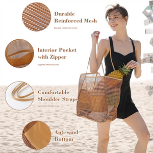Mesh Beach Tote Bag | Large Size | Lightweight & Foldable | Zipper Pocket | Khaki