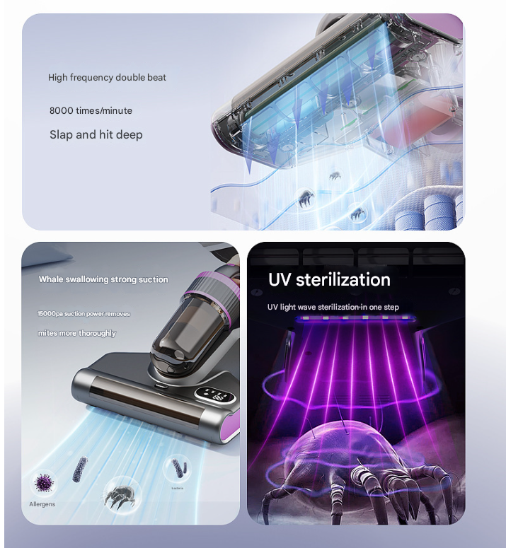 Advanced Cordless UV-C Dust Mite Vacuum | Hot Air, Pulsating Pads & LED Display | Purple