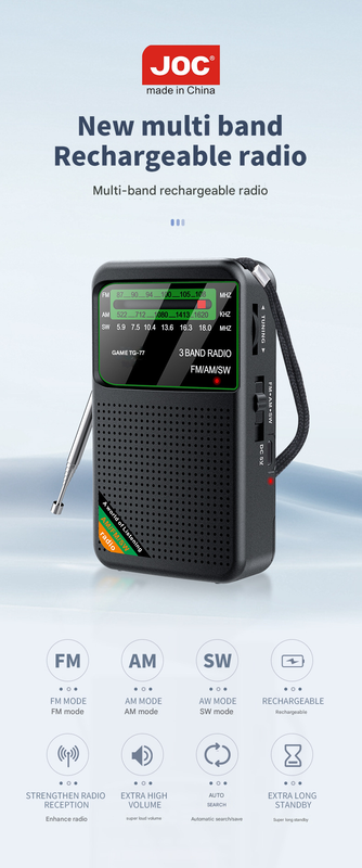 JOC TG-77 Multi-Band Rechargeable Radio | FM/AM/SW | Automatic Channel Search | Golden