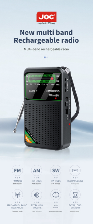 JOC TG-77 Multi-Band Rechargeable Radio | FM/AM/SW | Automatic Channel Search | Golden