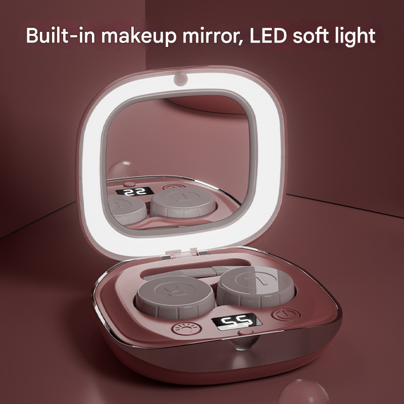 Ultrasonic Contact Lens Cleaner | Portable Automatic Electric Cleaning Case with LED Makeup Mirror | USB Rechargeable | Pink