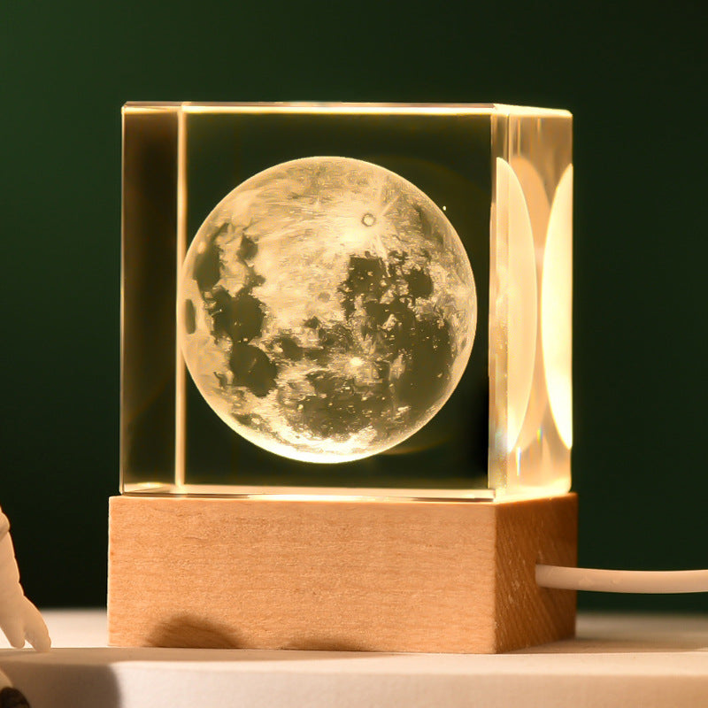 Luminous 3D Crystal Cube Night Light | The Moon Design | Laser Engraved with Solid Wood Base