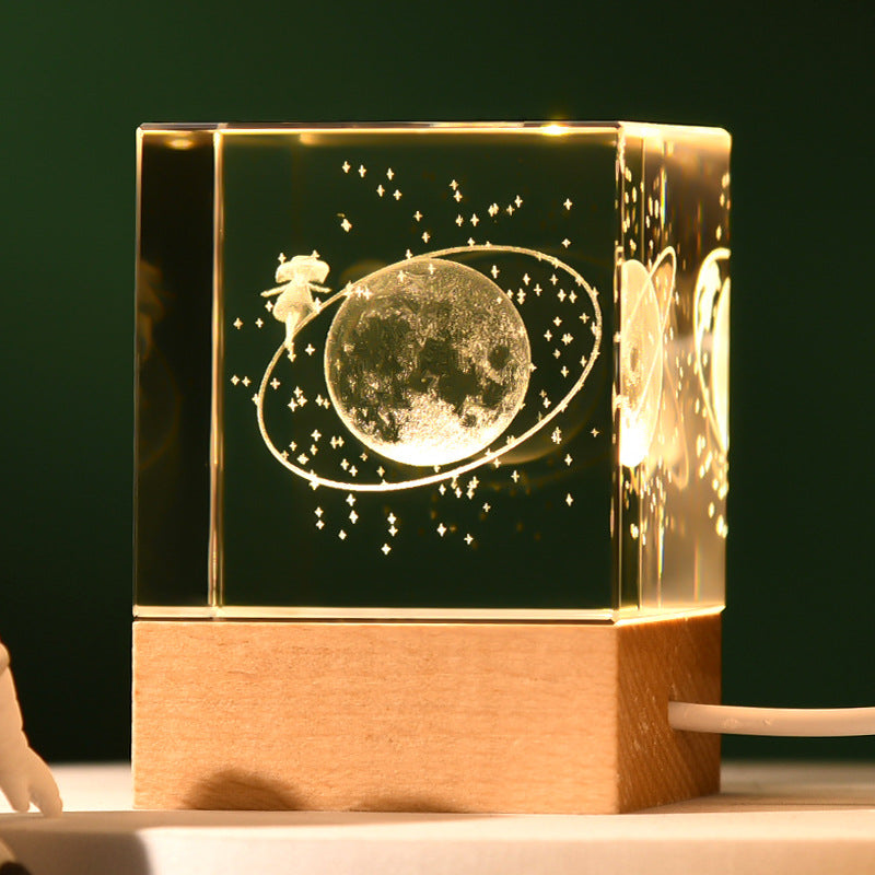 3D Crystal Cube Night Light | Luminous “Stroll Through the Starry Sky” Design | Laser Engraved with Wooden Base