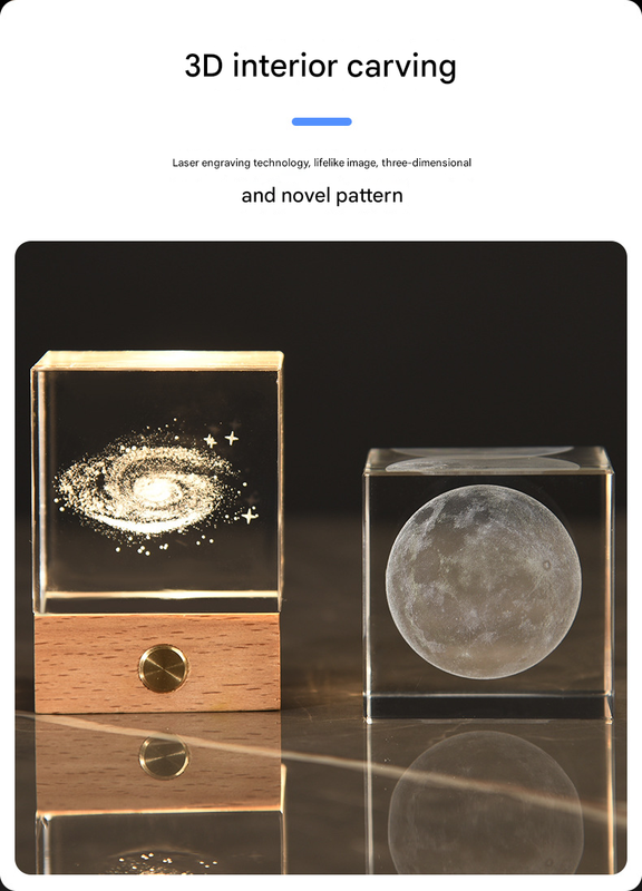 3D Crystal Cube Night Light | Luminous “Stroll Through the Starry Sky” Design | Laser Engraved with Wooden Base