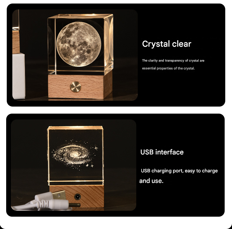 3D Crystal Cube Night Light | Luminous “Stroll Through the Starry Sky” Design | Laser Engraved with Wooden Base