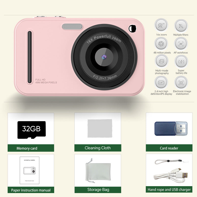 Digital Camera 48MP | 16x Zoom & Autofocus | Full HD Vlogging Camera | Pink