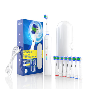 Electric Toothbrush with 3D Cleaning | Rotating Brush | 3 Modes | IPX7 Waterproof | Travel Case & 6 Heads | White