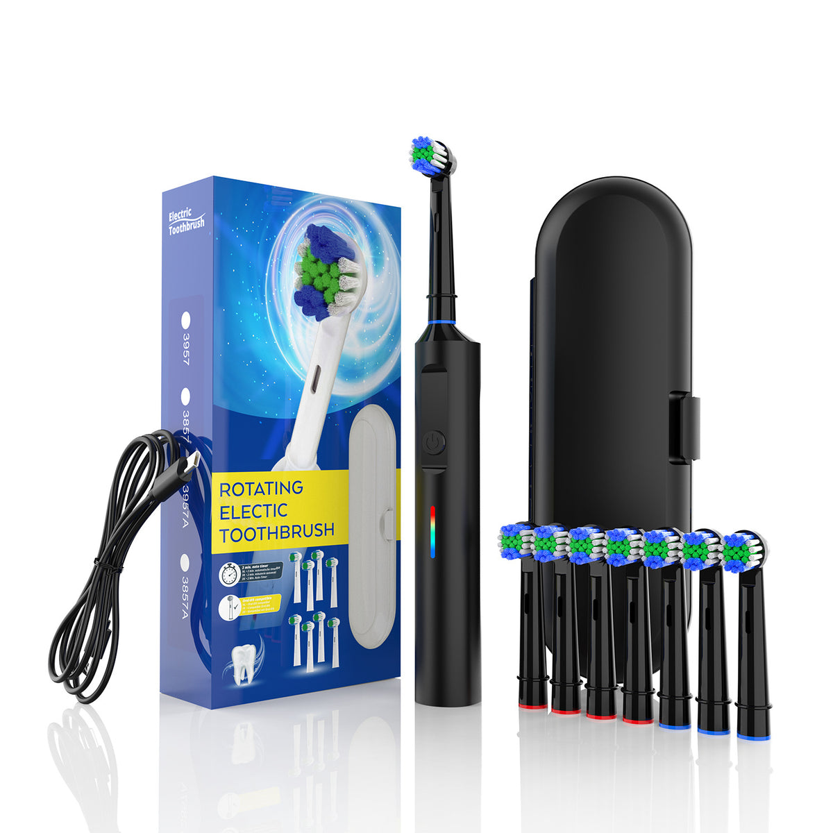 Electric Toothbrush with 3D Cleaning | Rotating Brush | 3 Modes | IPX7 Waterproof | Travel Case & 6 Heads | Black