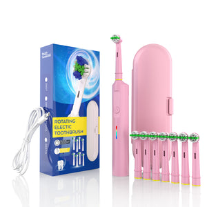 Electric Toothbrush with 3D Cleaning | Rotating Brush | 3 Modes | IPX7 Waterproof | Travel Case & 6 Heads | Pink