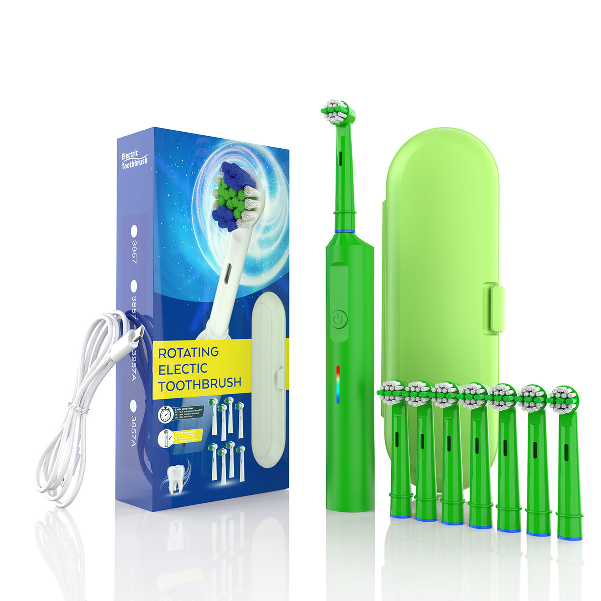 Electric Toothbrush with 3D Cleaning | Rotating Brush | 3 Modes | IPX7 Waterproof | Travel Case & 6 Heads | Green