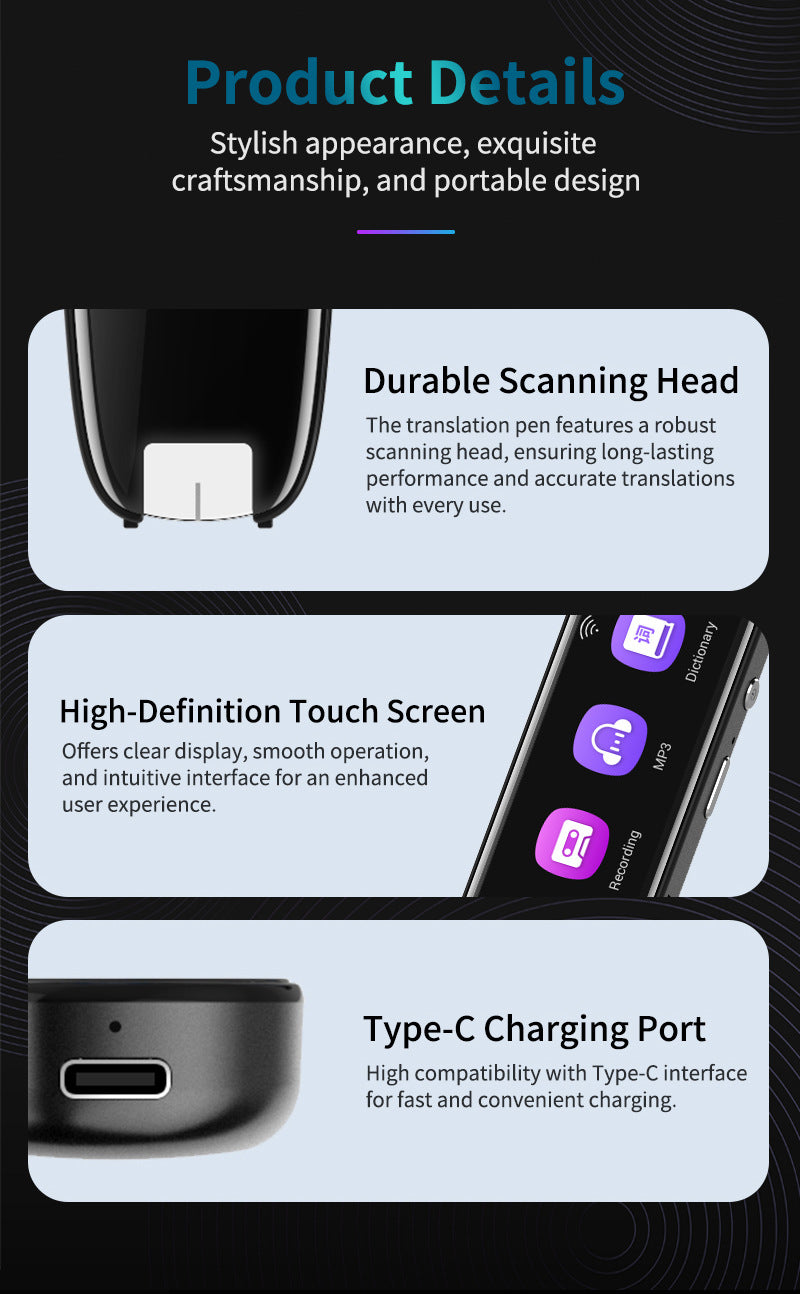 AI Translator Pen | 112+ Languages | Offline Mode | HD Touchscreen & Dictionary | Black