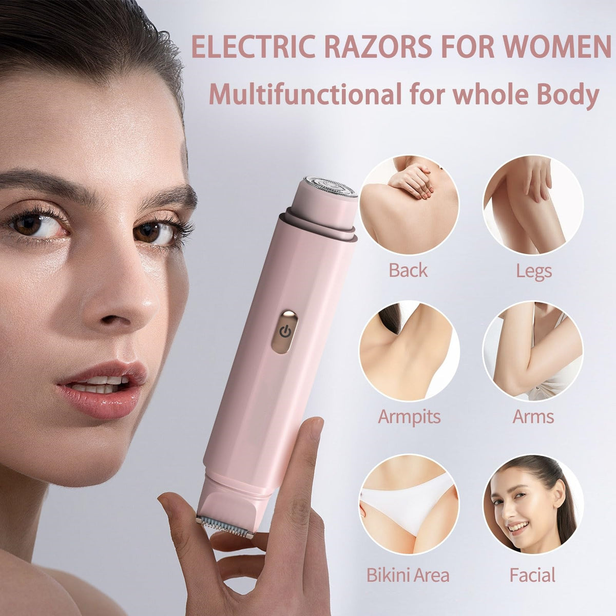 Women's Electric Body Shaver & Facial Trimmer 2-in-1 | IPX7 Waterproof | Dual Head with Ceramic Blades | USB Rechargeable | White