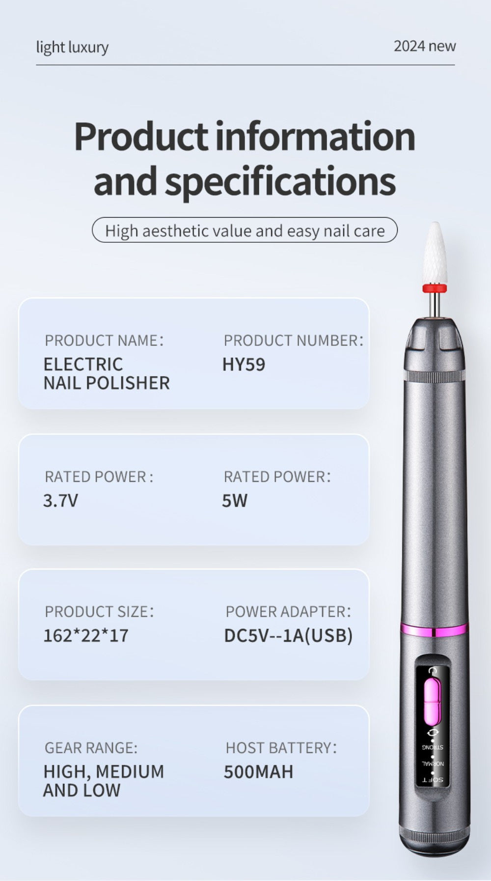 Electric Nail Drill Pen Kit | 3-Speed Rechargeable | Bidirectional Manicure & Pedicure Tool | Silver Grey