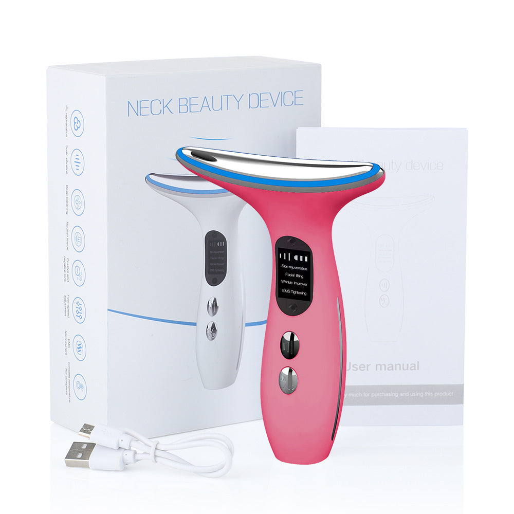 Neck & Face Beauty Device 4-in-1 | LED Light Therapy, EMS Lifting & Anti-Wrinkle Massager | Pink