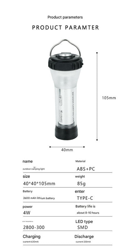 Outdoor Camping Lantern | Portable with Tripod Stand | Soft Light Diffuser | USB-C Charging | Black
