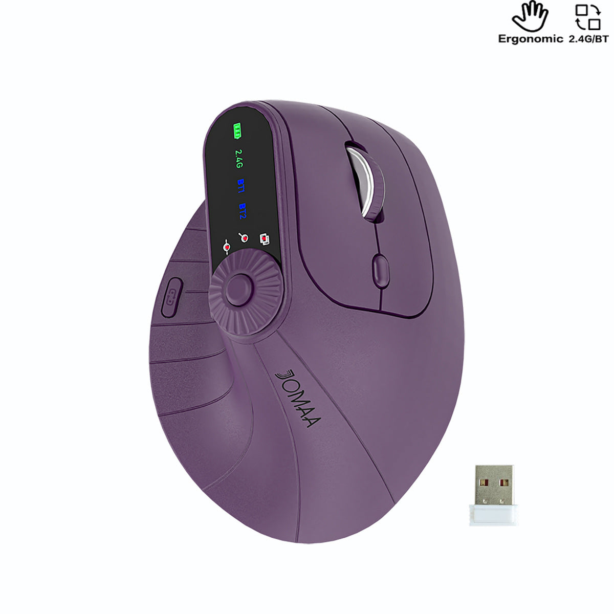 Ergonomic Vertical Mouse | 2.4G/Bluetooth Multi-Mode | LED Display | 57° Angle | 400mAh Battery | Purple