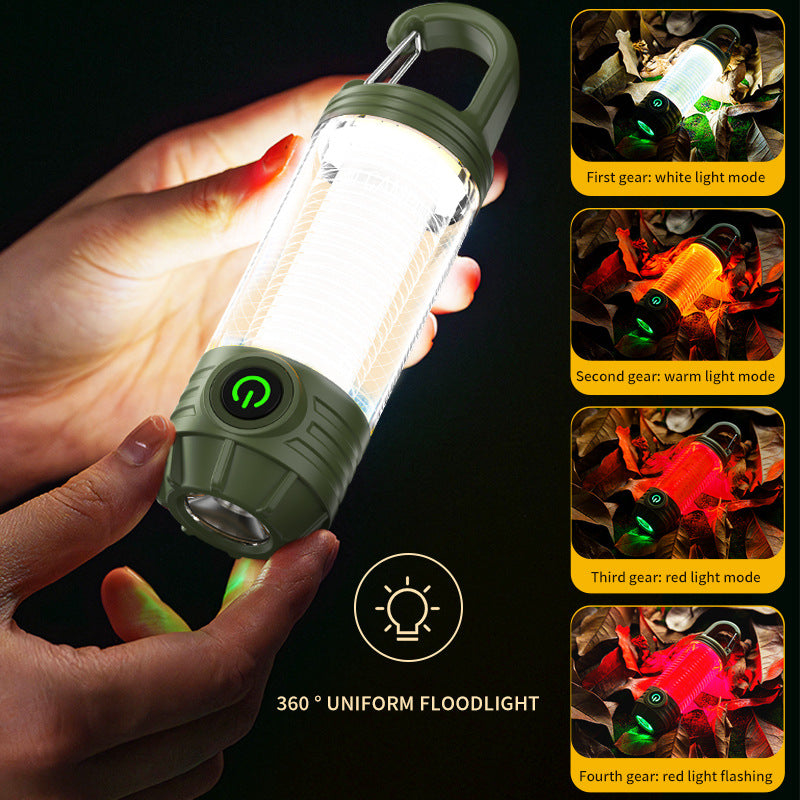 Camping Lantern & Flashlight | Tri-Color Rechargeable | 360° Ambient Light & Hook | Khaki