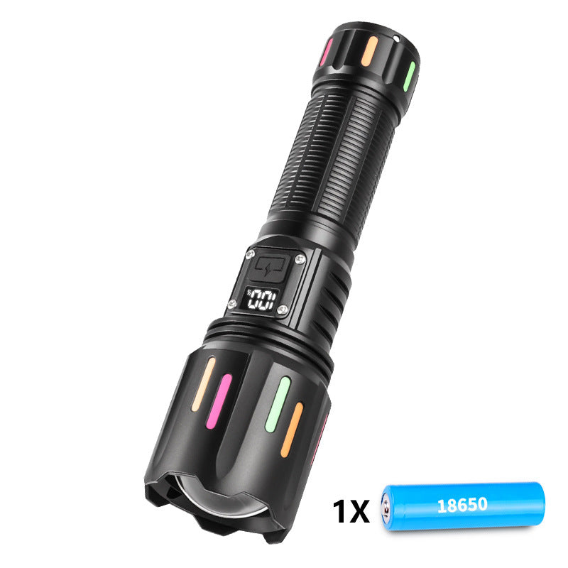LED Flashlight 30W | High Brightness with Digital Display | USB Rechargeable | 800–1200m Range | Fluorescent Black + 18650 Battery
