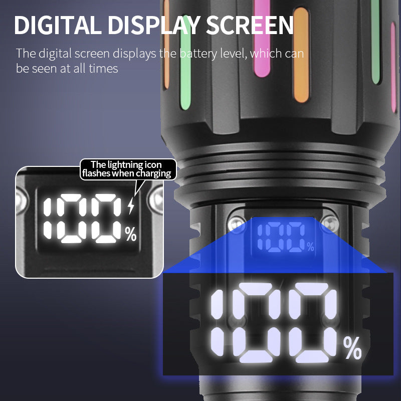 LED Flashlight 30W | High Brightness with Digital Display | USB Rechargeable | 800–1200m Range | Fluorescent Black + 18650 Battery
