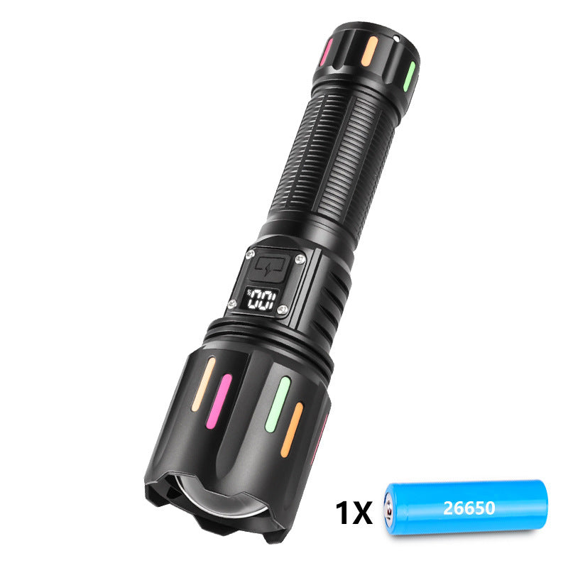LED Flashlight 30W | High Brightness with Digital Display | USB Rechargeable | 800–1200m Range | Fluorescent Black + 26650 Battery