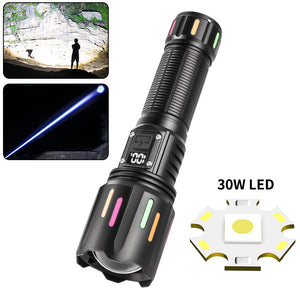 LED Flashlight 30W | High Brightness with Digital Display | USB Rechargeable | 800–1200m Range | Fluorescent Black + 26650 Battery