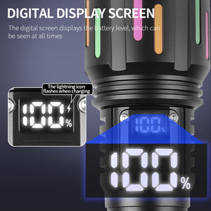 LED Flashlight 30W | High Brightness with Digital Display | USB Rechargeable | 800–1200m Range | Fluorescent Black + 26650 Battery