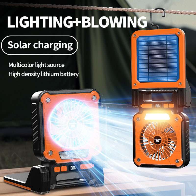 Camping Fan with LED Light | Solar & USB Rechargeable | Portable Power Bank | 180° Collapsible | Green