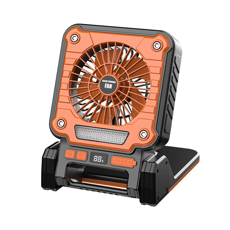 Camping Fan with LED Light | Solar & USB Rechargeable | Portable Power Bank | 180° Collapsible | Orange