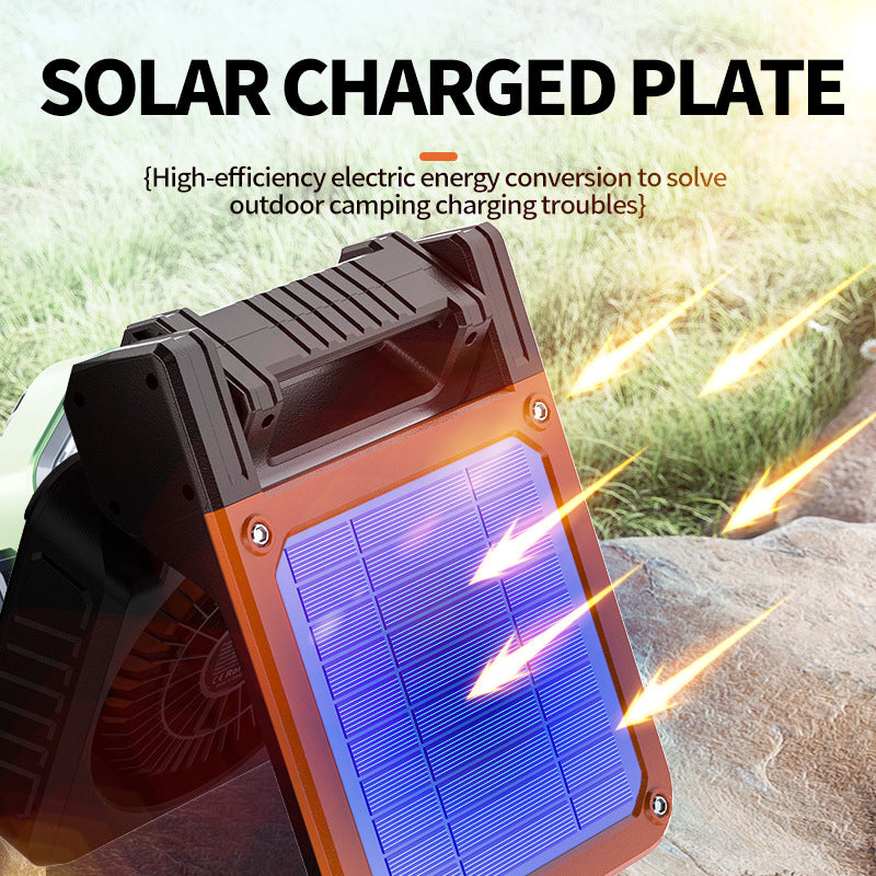 Camping Fan with LED Light | Solar & USB Rechargeable | Portable Power Bank | 180° Collapsible | Orange