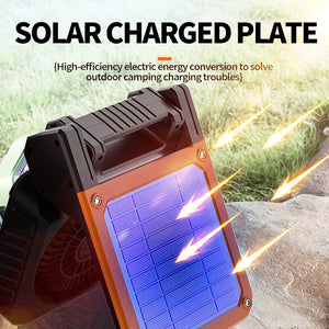 Camping Fan with LED Light | Solar & USB Rechargeable | Portable Power Bank | 180° Collapsible | Orange