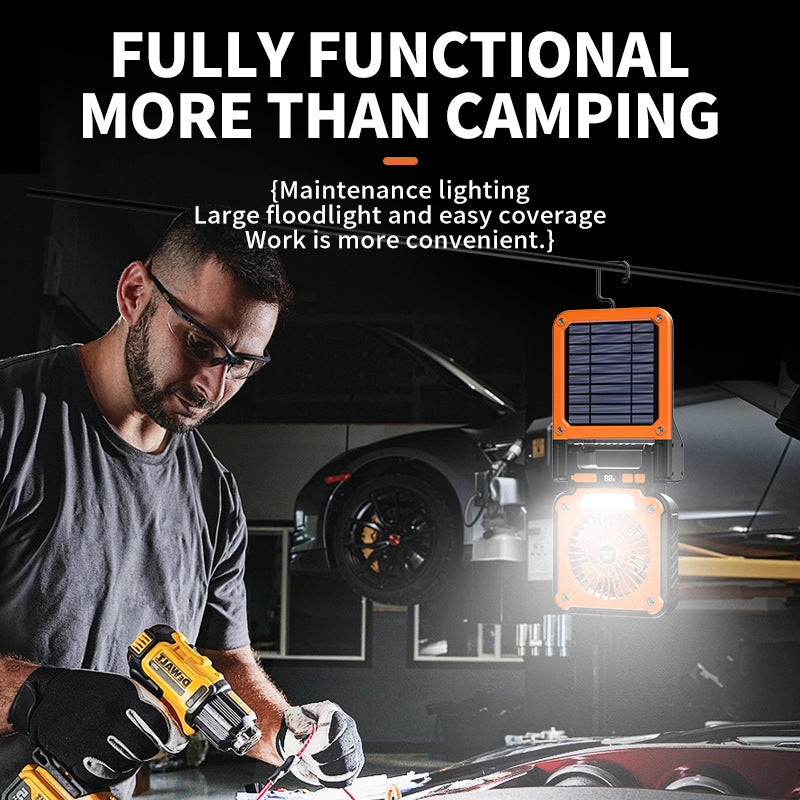Camping Fan with LED Light | Solar & USB Rechargeable | Portable Power Bank | 180° Collapsible | Orange