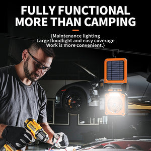 Camping Fan with LED Light | Solar & USB Rechargeable | Portable Power Bank | 180° Collapsible | Orange