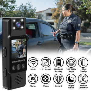 Mini Body Camera | 180° Rotatable Lens | Night Vision & Motion Detection | 1.3" Screen | Black + 32GB