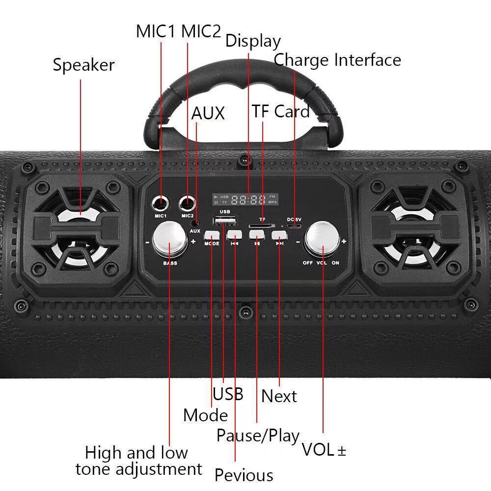 Portable Wireless Speaker | FM Radio | USB/TF Playback | AUX & Microphone Support | 2000mAh Battery | Black