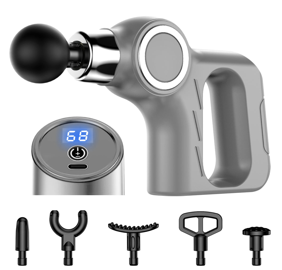 Percussion Massage Gun | Professional Deep Tissue | 30 Speeds | 6 Heads & LCD Touch Screen | Grey Finish