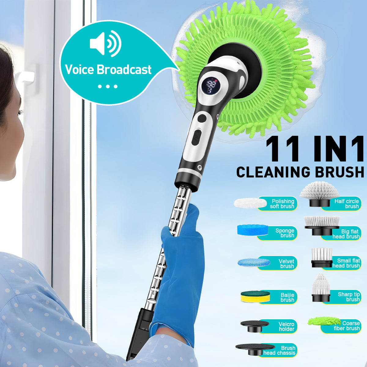 Electric Spin Scrubber | Multi-Functional with Voice Broadcast | 9 Brush Heads | Adjustable Handle & LED Display | Black & White