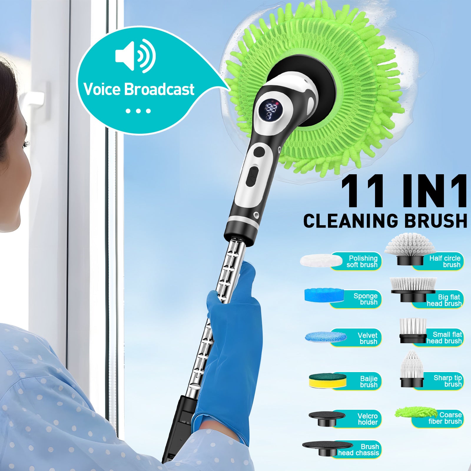 Electric Spin Scrubber | Multi-Functional with Voice Broadcast | 9 Brush Heads | Adjustable Handle & LED Display | Black & White