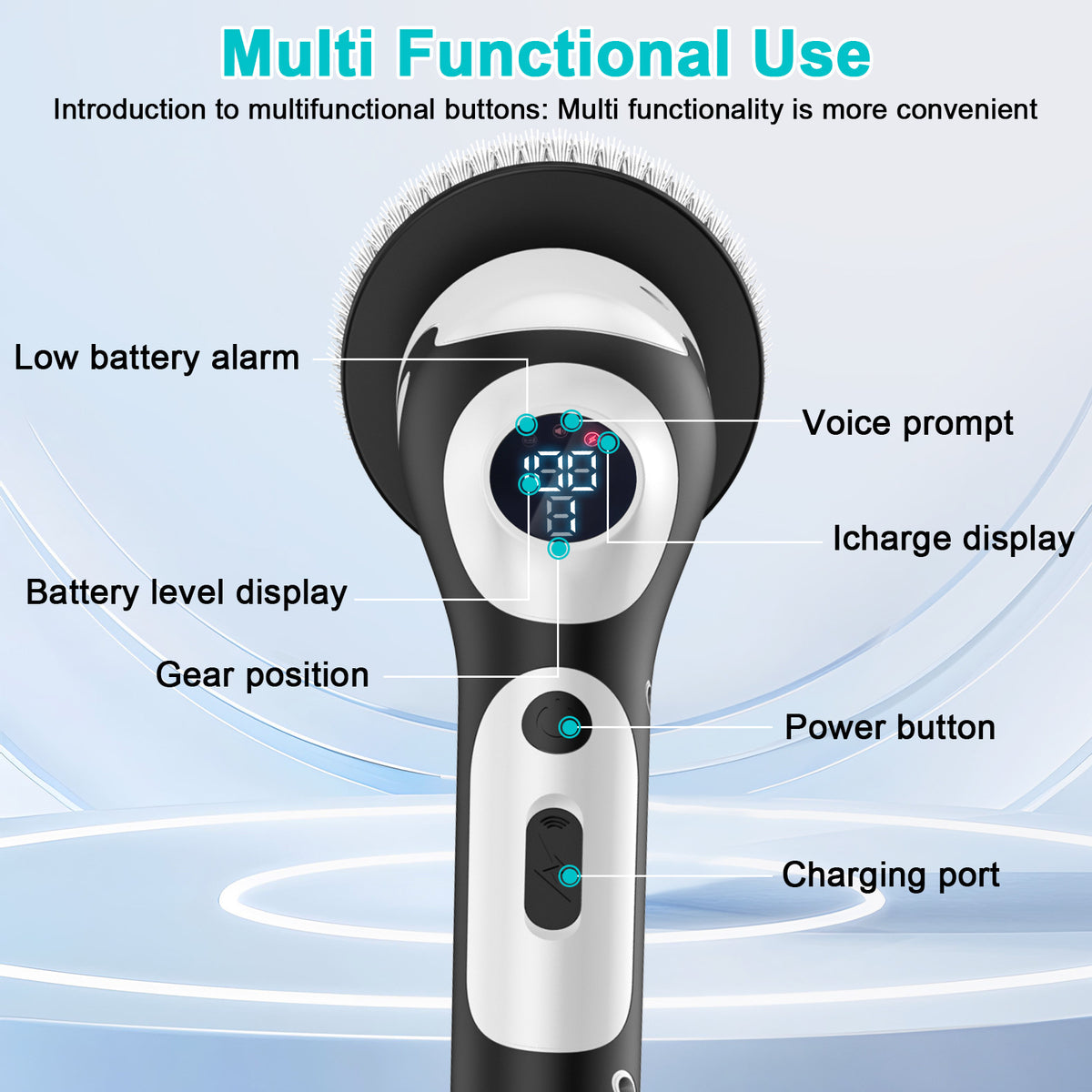 Electric Spin Scrubber | Multi-Functional with Voice Broadcast | 9 Brush Heads | Adjustable Handle & LED Display | Black & White