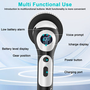 Electric Spin Scrubber | Multi-Functional with Voice Broadcast | 9 Brush Heads | Adjustable Handle & LED Display | Black & White