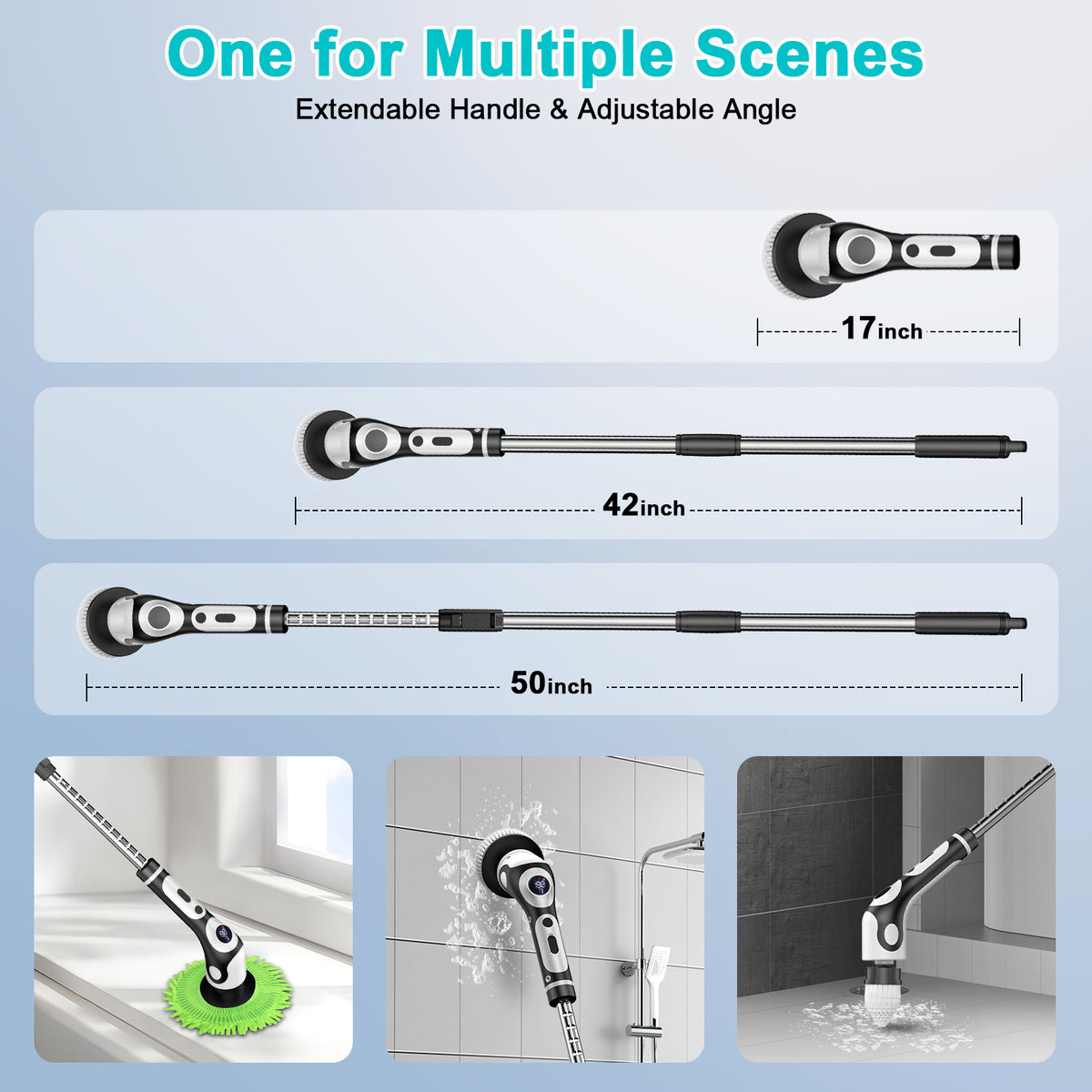 Electric Spin Scrubber | Multi-Functional with Voice Broadcast | 9 Brush Heads | Adjustable Handle & LED Display | Black & White
