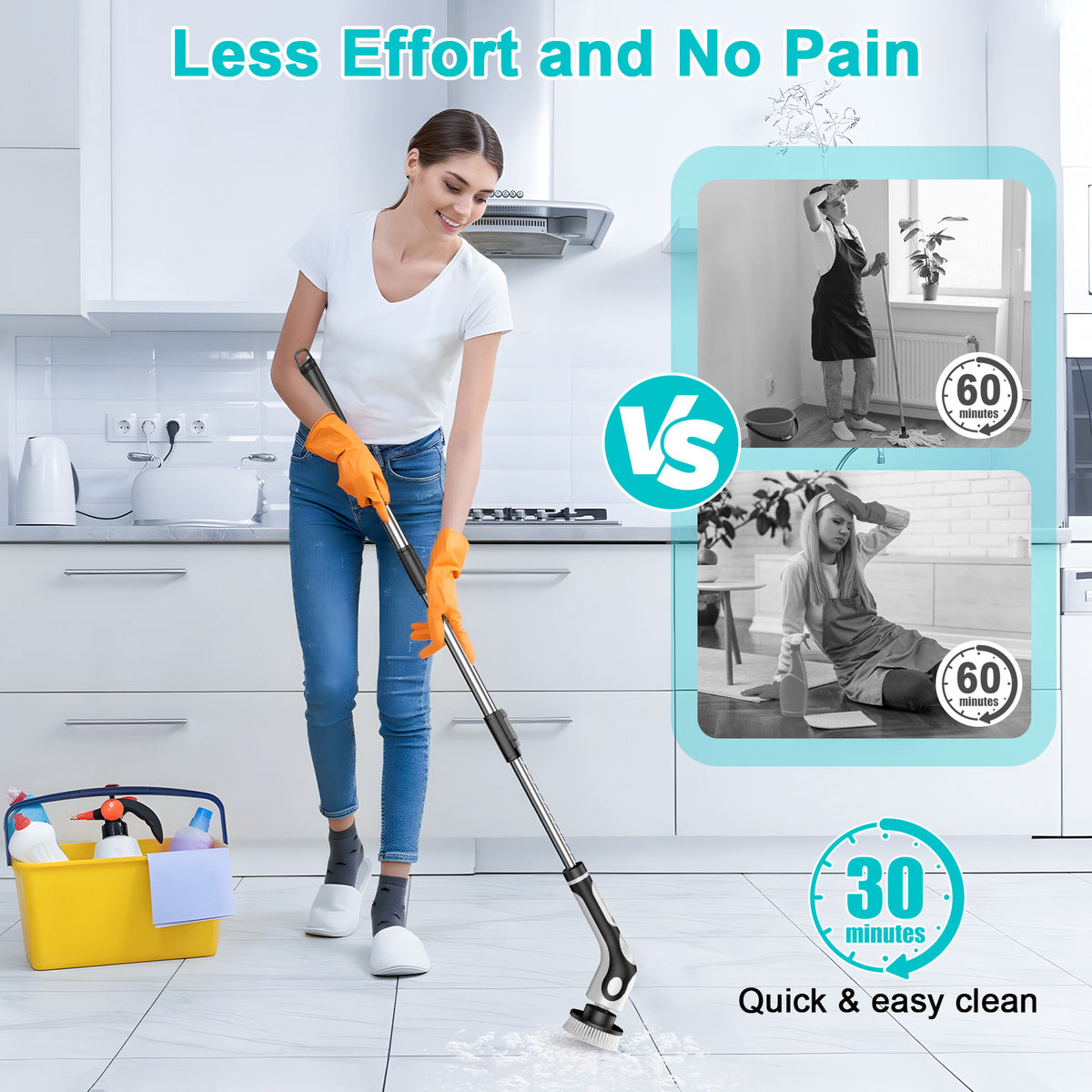 Electric Spin Scrubber | Multi-Functional with Voice Broadcast | 9 Brush Heads | Adjustable Handle & LED Display | Black & White