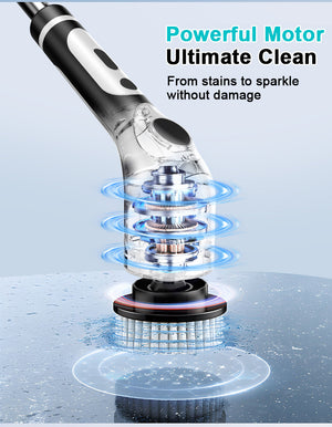 Electric Spin Scrubber | Multi-Functional with Voice Broadcast | 9 Brush Heads | Adjustable Handle & LED Display | Black & White