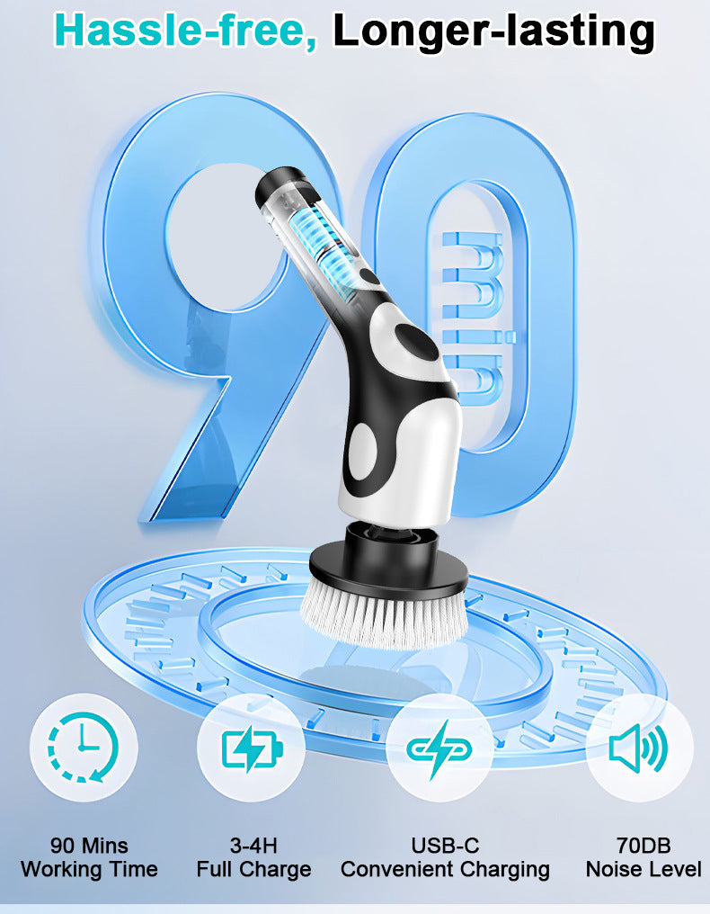 Electric Spin Scrubber | Multi-Functional with Voice Broadcast | 9 Brush Heads | Adjustable Handle & LED Display | Black & White