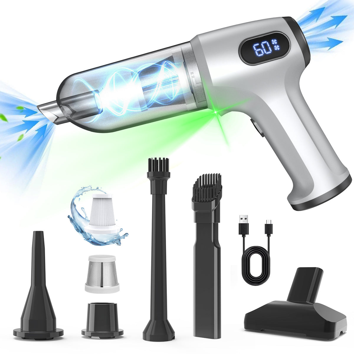 Cordless Handheld Vacuum & Air Duster 2-in-1 | 12000Pa Suction | 70,000 RPM | USB-C Rechargeable | Silver