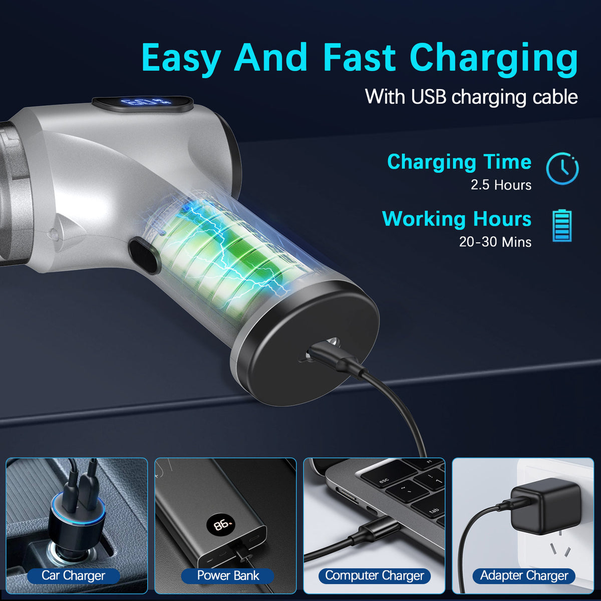 Cordless Handheld Vacuum & Air Duster 2-in-1 | 12000Pa Suction | 70,000 RPM | USB-C Rechargeable | Silver