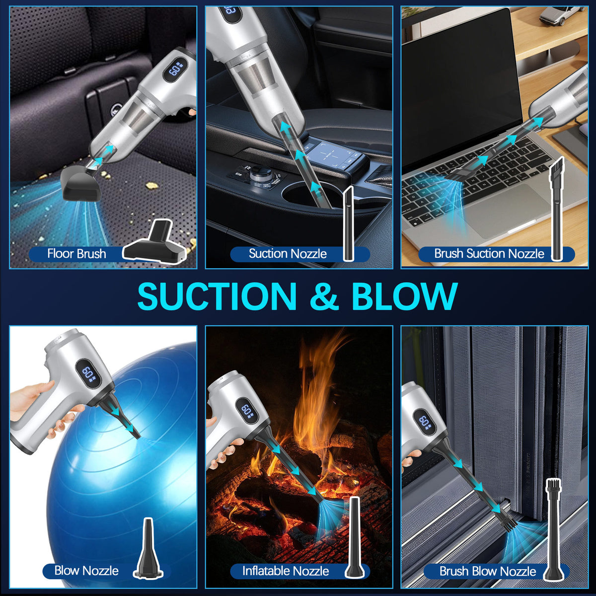 Cordless Handheld Vacuum & Air Duster 2-in-1 | 12000Pa Suction | 70,000 RPM | USB-C Rechargeable | Silver
