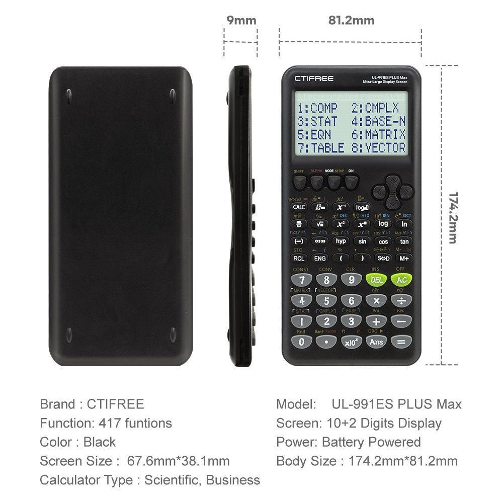 Scientific Calculator | 417 Functions | Large Natural Textbook Display | Black Finish