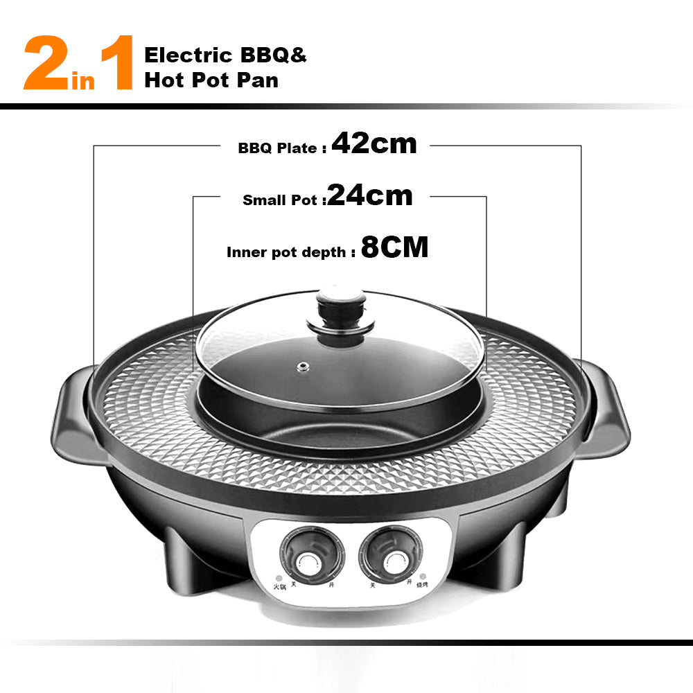 Electric 2-in-1 Non-Stick BBQ Plate & Hot Pot Pan | For Party, Shabu Grill, Barbecue | 42cm