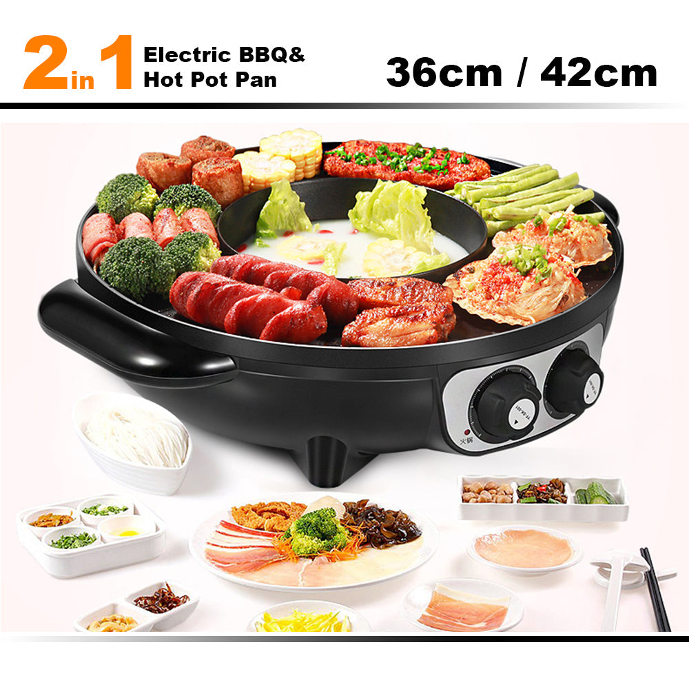 Electric 2-in-1 Non-Stick BBQ Plate & Hot Pot Pan | For Party, Shabu Grill, Barbecue | 42cm