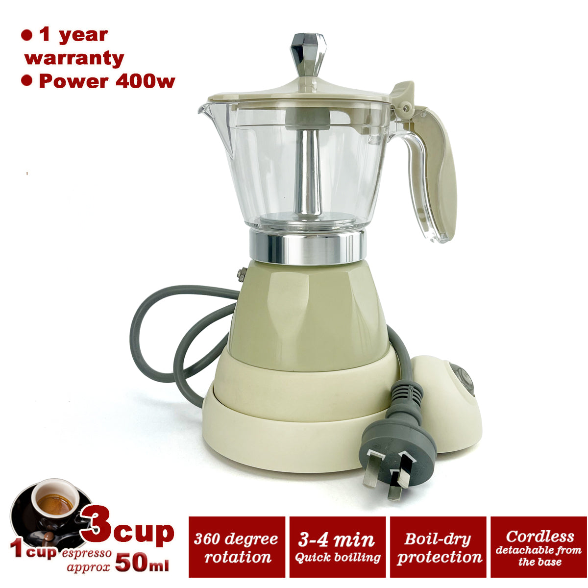 Latest Styles Electric Aluminum Espresso Moka Coffee Maker | 3 Cups | Italian Classic | Cream Finish